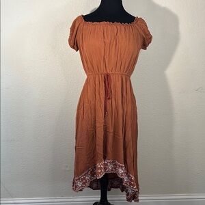 Casual Orange Ruffled High-Low Sundress with Puff Sleeves